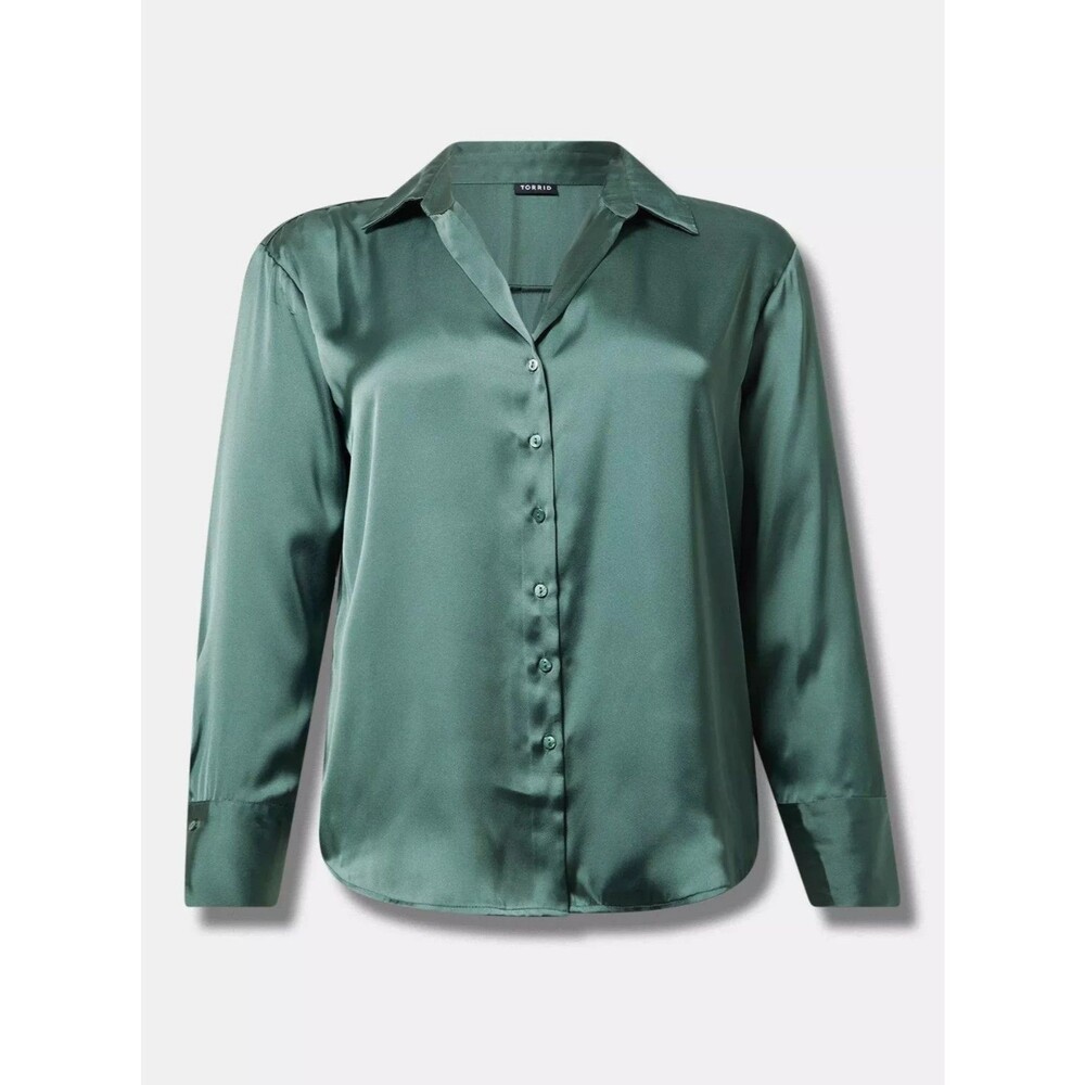 Torrid Satin Button Up Long Sleeve Shirt Forest Green Size 2 2x NWT career AG